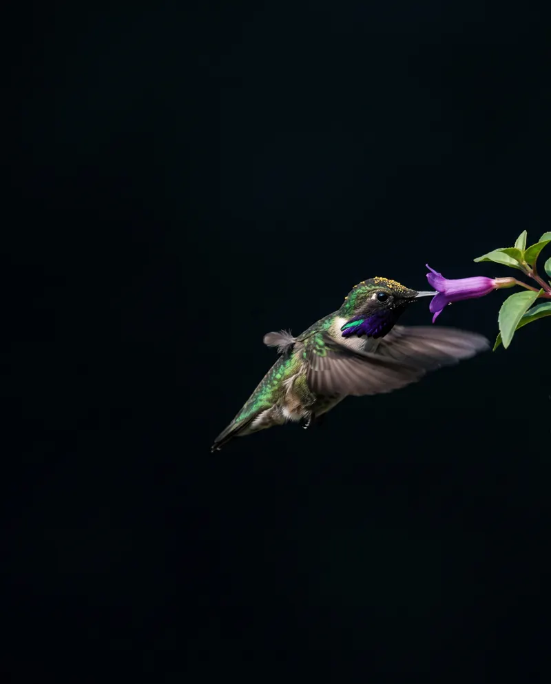 A hummingbird feeding from a purple flower against a black background