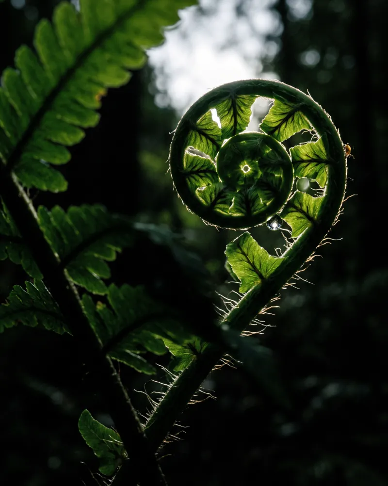 A backlit fern frond slowly unfurling in a dark forest